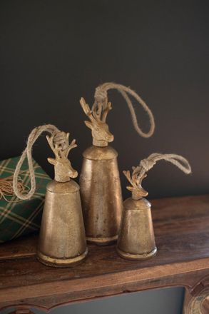 Kalalou Set Of 3 Antique Gold Metal Christmas Bells W Deer Finials