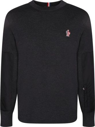 Moncler Trui met ronde hals en nylon mouwpatches - Heren - Ronde hals truien - Bruin - S - Nylon - Truien & Vesten