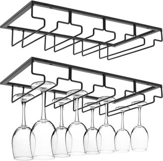 Gabrielle Estante Para Copas De Vino De 4 Filas, Paquete De 2, Para Debajo Del Gabinete, Color Negro, Para Colgar Debajo Del Gabinete, Para Cocina Y Bar