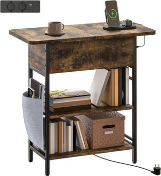 STILVORA Mesita De Noche Con 2 Estantes, Compartimento Abatible, Enchufes Y Puertos Usb, De Madera, Marr&oacute;n R&uacute;stico, 60 X 29.8 X 58.5 Cm