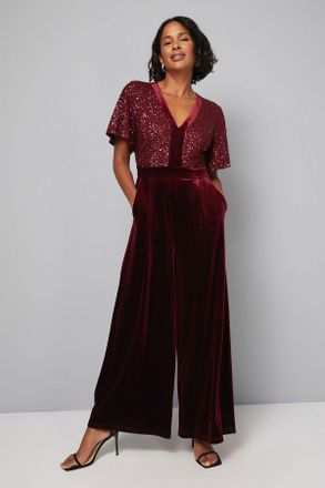 Wallis Womens Sequin Contrast Velvet Jumpsuit - Wine - Size 18 UK