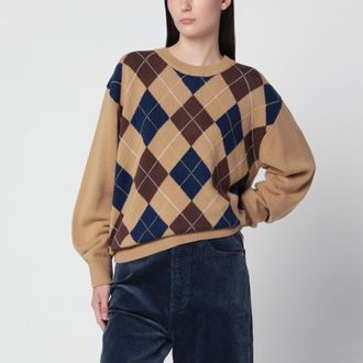 Dunst Maglione girocollo in lana color cammello a rombi