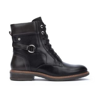 Pikolinos Zwarte Leren Enkellaarzen - Dames - Veterlaarzen - Zwart - 37 EU - Leer - Schoenen