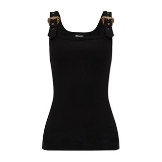 Versace Jeans Couture Sleeveless Tops, female, Black, Size: M Top with decorative buckles on the straps
