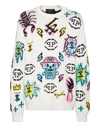 Philipp Plein Wool Cotton Pullover Round Neck LS Tattoo Monogram
