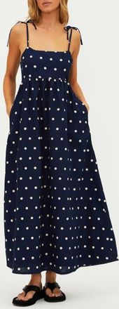 Beach Riot Valory Tie Strap Cotton & Linen Cover-Up Maxi Dress in Navy Polka Dot at Nordstrom, Size X-Small