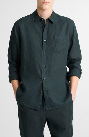Vince Linen Button-Up Shirt in Seaweed at Nordstrom, Size Xx-Large