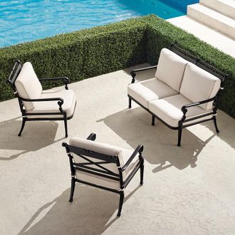 Frontgate Carlisle 3-pc. Loveseat Set with Limited Edition Cushions in Onyx Aluminum - Rumor Snow with Mini Cabana Stripe Indigo Piping, Delia Leaf with Mini Ca