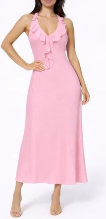 Bebe Crushed Satin Ruffle Halter Dress in Rose at Nordstrom Rack, Size X-Small