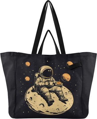 Generic Astronaut Coffee Yellow print Reusable Canvas Tote Bag, Heavy Duty Grocery Shopping Bag with Double Handles Hard Bottom Large Capacity Work Groceries 