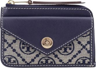 Tory Burch Accessoires, Dames, Blauw, ONE Size, Katoen, Leren en T Monogram Stoffen Portemonnee
