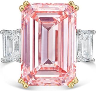 Diana M. Jewels 18kt Yellow gold Lab grown 8ct Fancy pink emerald diamond ring with emerald diamonds on the side and micropave band