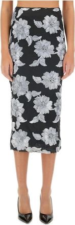 Rotate Elegante Pencil Midi Rok met Bloemendessin - Dames - Kokerrokken - Zwart - XS - Polyester - Rokken