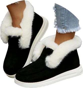 Generic Winter Snow Boots for Women Fur Lined Warm Ankle Boots Casual Cozy Flat Slip on Booties Winter Warm Fur Lined Ankle Booties Wide Fit Hiking Booties No