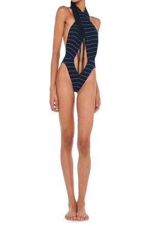 Susana Monaco Cross Halter Bodysuit In Navy Pinstripe