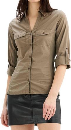 Chrldr Tracy Poplin Side Rib Button Up Top In Olive