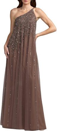 Mac Duggal One Shoulder Embellished Trapeze A Line Gown in Chocolate at Nordstrom, Size 10