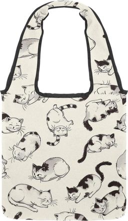 Generic Cute Cartoon Kitten Reversible Canvas Shoulder Tote - Double-Sided Print, 12oz Cotton, 27cm Drop, Fold-Flat Bag for Travel, Shopping, Street Outings