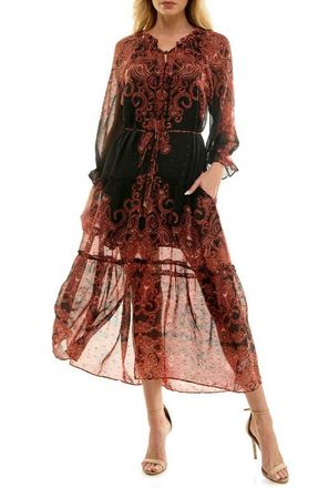 Socialite Poet Long Sleeve Chiffon Midi Dress in Black/Rust at Nordstrom, Size X-Small