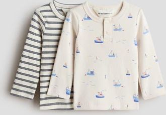 H&M 2-pack Cotton Henley Tops in Light Beige/boats at Nordstrom, Size Newborn