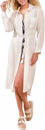 Tribal Shimmer Stripe Button-Front Cover-Up Midi Dress In White
