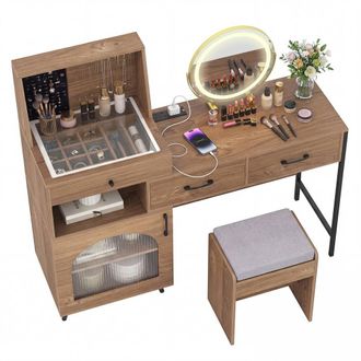 Costway Costway Modern Makeup Vanity Table Set Dressing Desk w/Mirror & Lights & Stool in Natural
