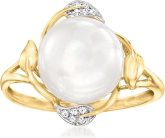 Ross-Simons 10-10.5mm Cultured Pearl Leaf Ring With Diamond Accents in 14kt Yellow Gold