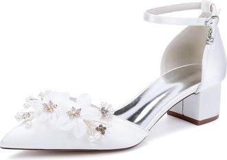 Generic Bridal Satin Chunky Heels Wedding Prom Low Heels Shoes Women Evening Dressy Pumps 4.5Cm,White,10 UK