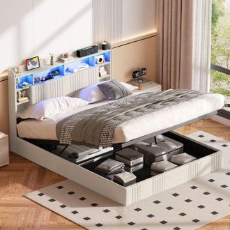 OEM Cama Con Cofre - 140x200 Cm - Lino Beige - Cofre Hidr&aacute;ulico Y Led Rgb - Puertos Usb, Somier Reforzado