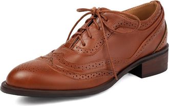 Generic Qynthra Womens Classic Oxford Wingtip Flats PU Leather Round Toe Tri-Color Design Perforated Brogue Shallow Lace-Up Shoes Vintage British Style Comfor