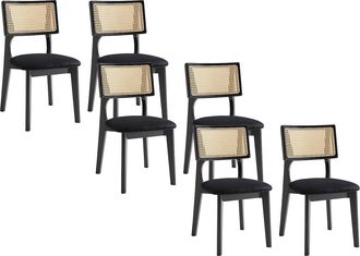 Vente-Unique Lote de 6 sillas de terciopelo, efecto rat&aacute;n y madera de hevea - Negro - CALENYA