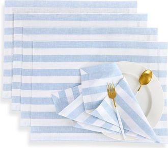 Solino Home Linen Placemats Set of 4, 14 x 19 Inch for Dining Table, Holiday and Everyday Table Decor - Sorrento Stripe in Blue And White at