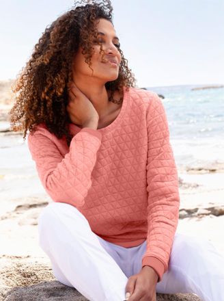 Casual Looks Langarmshirt CASUAL LOOKS Jacquard-Shirt, Damen, Gr. 36, flamingo, 58% Polyester, 40% Baumwolle, 2% Elasthan, unifarben, Rundhals, Shirts Langarmshirt