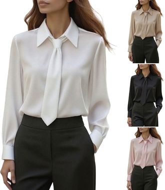 Generic Satin Blouse for Women Elegant Ladies Satin Silk Shiny Cowl Neck Tops with Tie Casual Loose Blouses Evening Party Top Dressy Baggy Business Office Wor