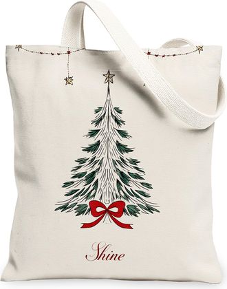 Generic Christmas Tree Canvas Tote Bags, Holiday Vintage Forest Pattern Reusable Grocery Bags, Lightweight Washable Shoulder Strap, White, 13x15 Inch