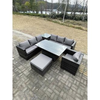 Fimous Fimous 8 Seater PE Rattan Corner Sofa Set Rising Adjustable Dining Table Set High Side Coffee Table With Arm Chair Big Footstool