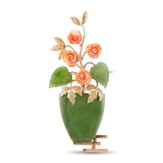 Luxury Bazaar Vintage 18K Rose Gold Nephrite Jade and Coral Flower Brooch MF02-092226