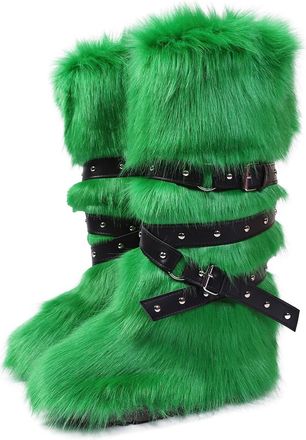 Generic Womens Winter Knee High Boots Fluffy Faux Fur Boots With Thick Fleece Lining Cozy Snow Boots Available In Plus Sizes(Gr&uuml;n,7.5)