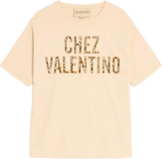 Valentino Tops, Dames, Beige, XS, Katoen, Geborduurde katoenen T-shirt