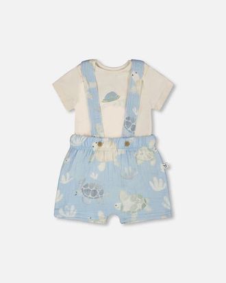 Deux par Deux Organic Cotton Jersey Bodysuit and Muslin Turtle Print Shortall Set in White & Blue Turtle Print at Nordstrom, Size 12M