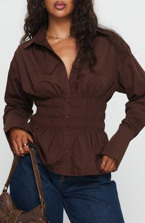 Princess Polly As You Are Shirred Button-Up Shirt in Chocolate at Nordstrom, Size 12