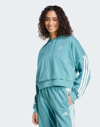 adidas Essentials - Felpa color verde azzurro polvere e bianca in French Terry con cappuccio, zip corta e 3 strisce-Blu