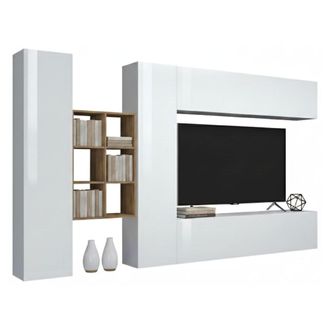 Dmora Pared Equipada Dcaldar, Conjunto De Sal&oacute;n Mueble Tv Con 4 Puertas, Mueble De Sal&oacute;n Polivalente, 100% Made In Italy, Cm 280x30h180, Blanco Brillo Y Arc