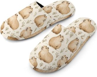 Generic Cute Capybara Pattern Flannel Mens Slip-on Slippers Winter Warm House Shoes with Rubber Sole for Home Hotel
