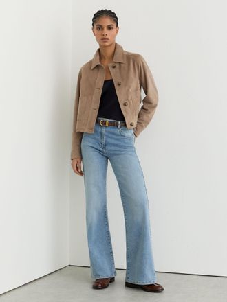 Reiss Neutral Petite Suede Cropped Trucker Jacket, 10