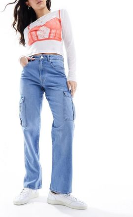 Only Only Riley high waist straight cargo jeans in light blue wash