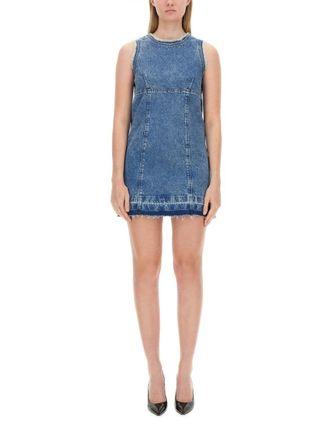 Moschino Sleeveless Fitted Denim Dress With Frayed Hem