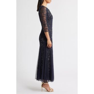 Pisarro Nights Floral Beaded Tulle Gown in Jbs Slate at Nordstrom, Size 16