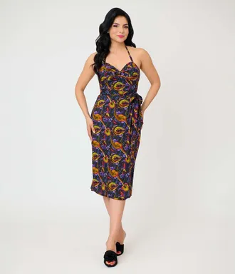 Unique Vintage Leilani Sleeveless Sarong Dress in Black Carnivorous Plants at Nordstrom, Size X-Small