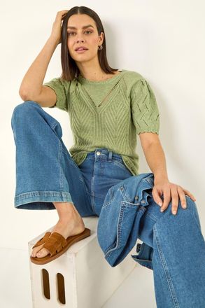 Roman Scallop Puff Sleeve Knit Top